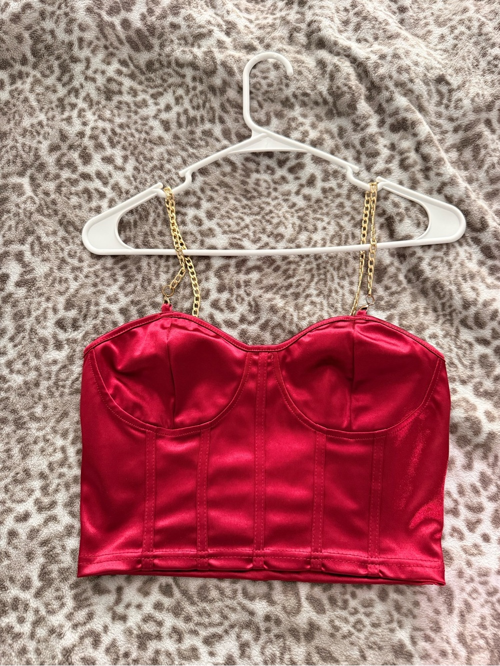 Red Satin Bustier Crop Top with Gold Chain Straps